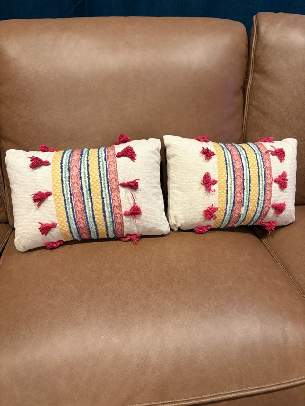 Set of 2 Boho Tassel Accent Pillows in Cream with Pink & Blue Stripes